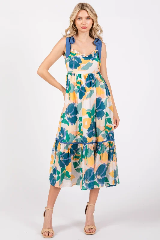 Blue Floral Shoulder Strap Midi DressKaftan Dress