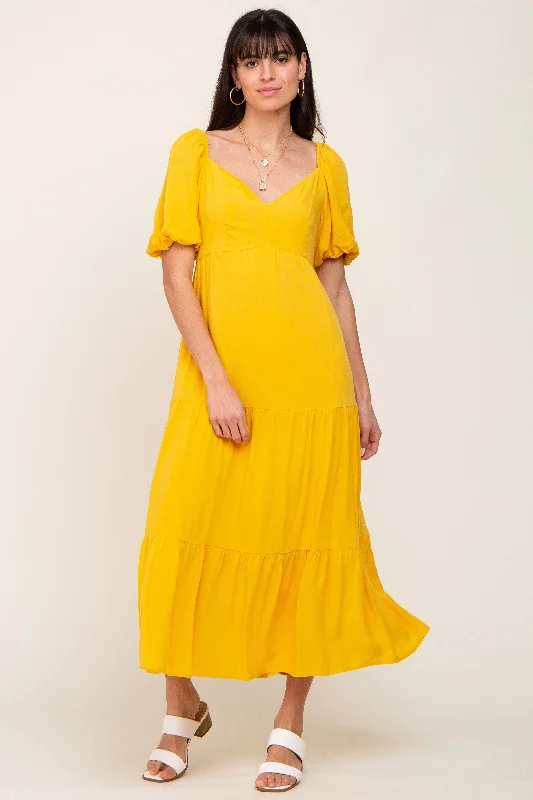 Yellow V-Neck Puff Sleeve Tiered Maxi DressVNeckTopZenith