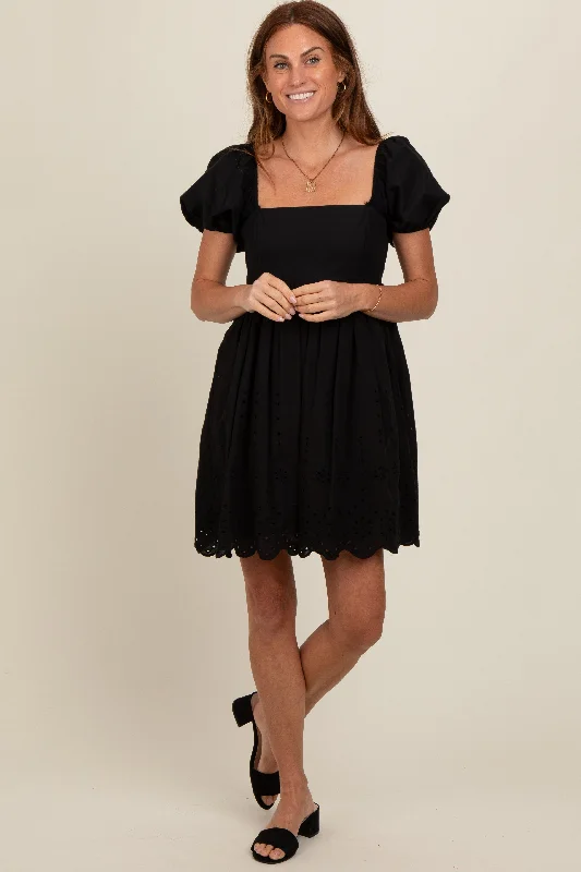 Black Eyelet Lace Puff Sleeve DressCocktail Dress