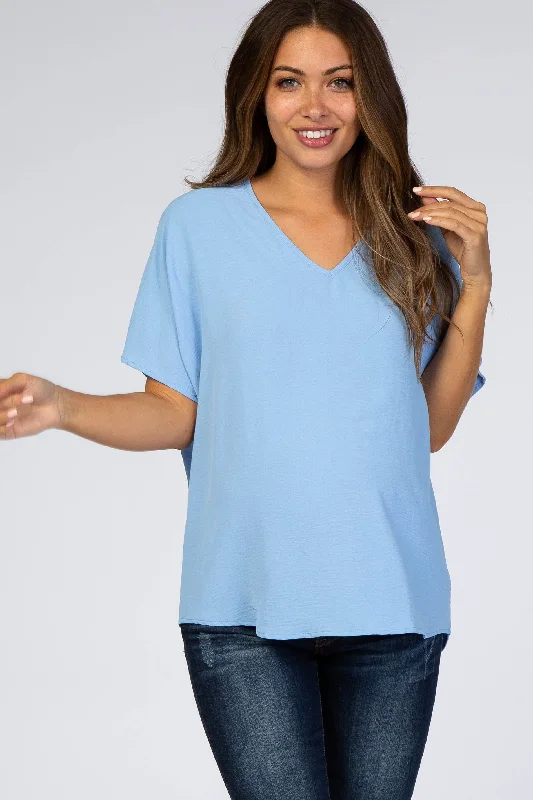 Scoop Neck Short Sleeve TopsLight Blue Short Sleeve Maternity Blouse