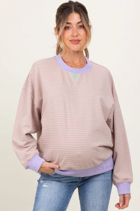 Light Pink Striped Crew Neck Oversized Maternity SweatshirtCrewneckenthusiast