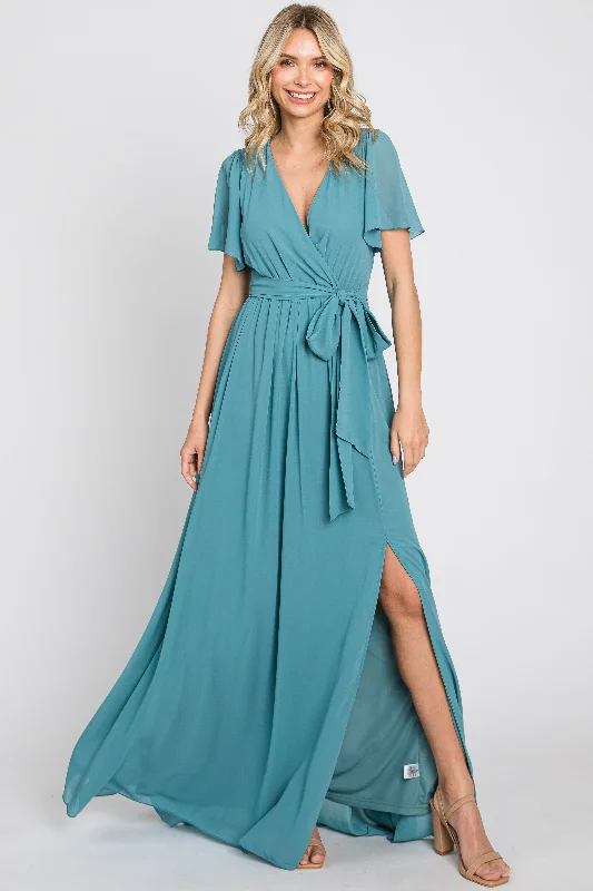 Turquoise Chiffon Short Sleeve Wrap V-Neck Front Slit Maxi DressVNeckTopJade