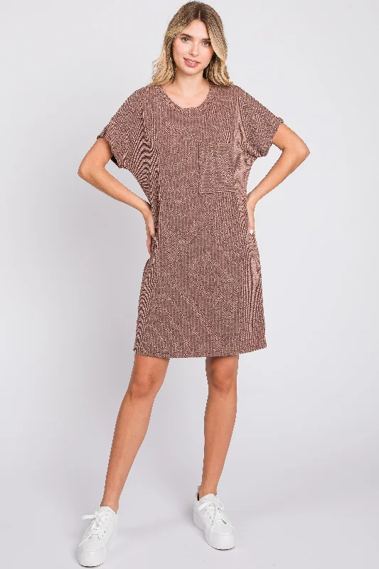 Taupe Ribbed Front Pocket Dolman Short Sleeve DressGypsy Dress