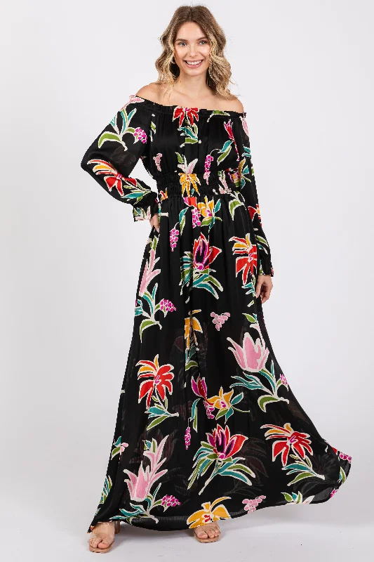 Black Floral Ruffle Neck Maxi DressShort-sleeve Dress