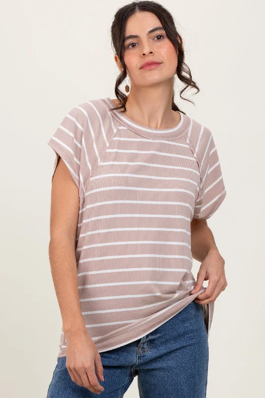 Oversized Short Sleeve TopsMocha Stripe Ribbed Short Sleeve Tunic Top