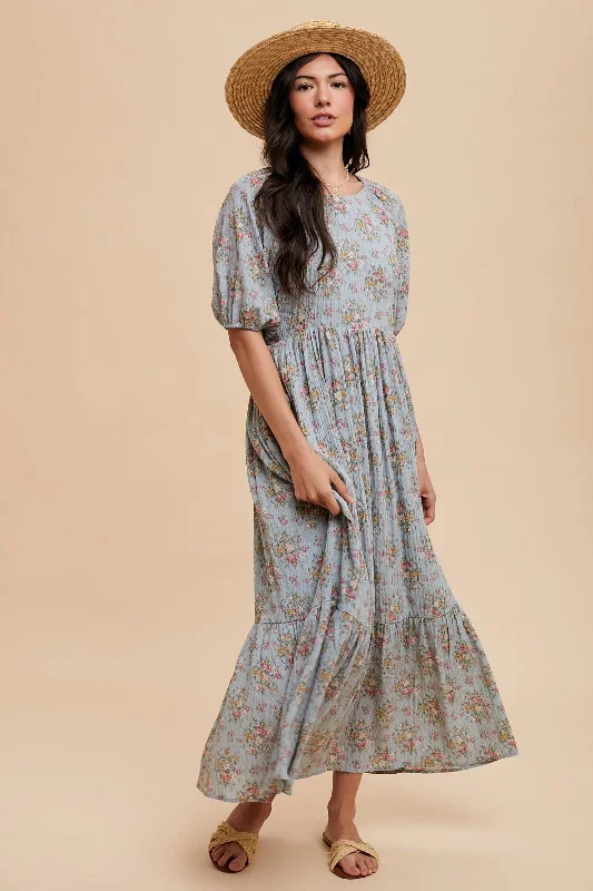 Light Blue Floral Textured Tied Open Back Maxi DressA-line Dress