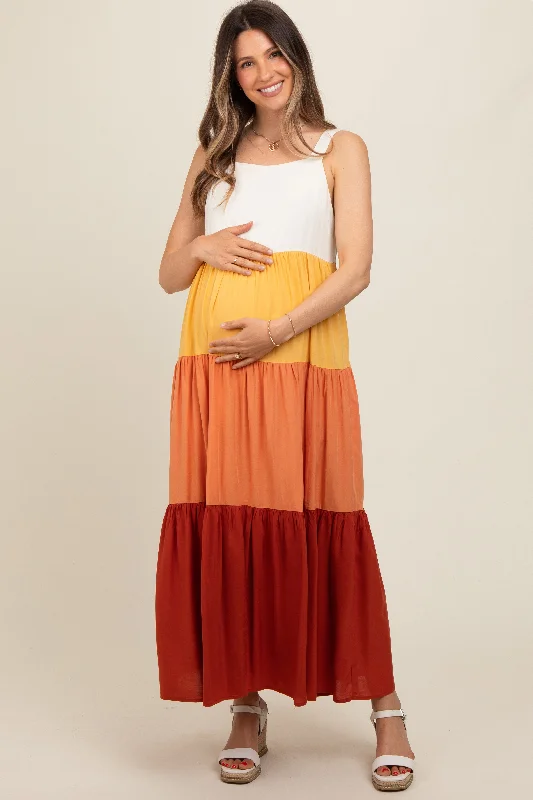 Orange Tiered Colorblock Maternity Maxi DressUtility Dress