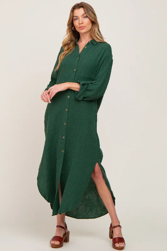 Forest Green Button Down 3/4 Sleeve Midi DressCasual Dress