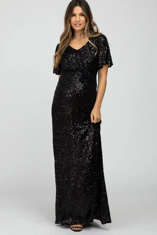 Lounge Short Sleeve TopsBlack Sequin Short Sleeve Maternity Maxi Dress