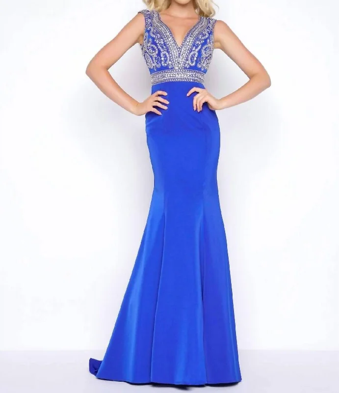 Deep V-Neck Beaded Bodice Prom Dress In RoyalVNeckTopBlaze