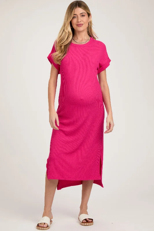 Reflective Short Sleeve TopsFuchsia Ribbed Short Sleeve Maternity Midi Dress