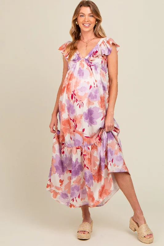 Mauve Floral Ruffle Accent V-Neck Maternity Maxi DressVNeckTopLunar