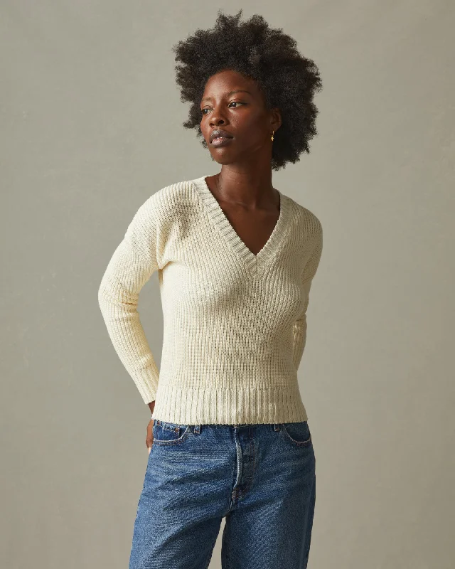 Chunky Cotton V-Neck Sweater - CremeVNeckTopTitan