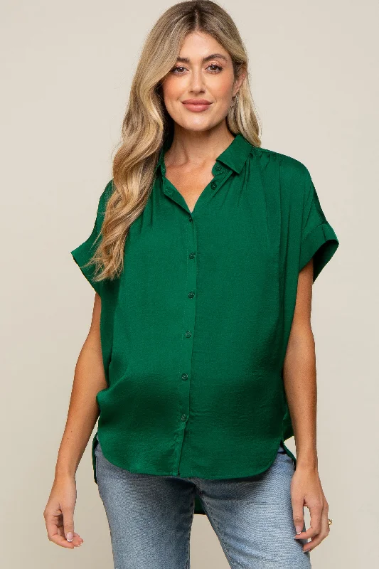 Printed Short Sleeve TopsForest Green Satin Button Front Collared Short Sleeve Maternity Top