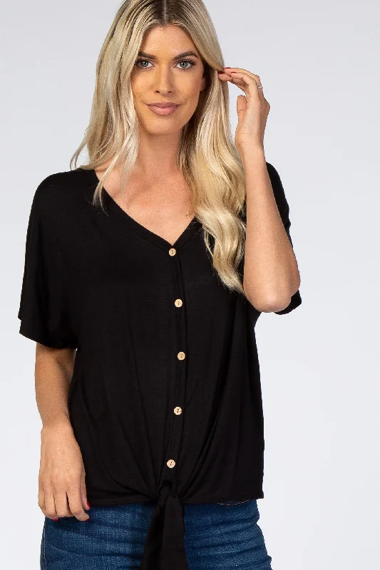 Embroidered Short Sleeve TopsBlack Tie Front Short Sleeve Top