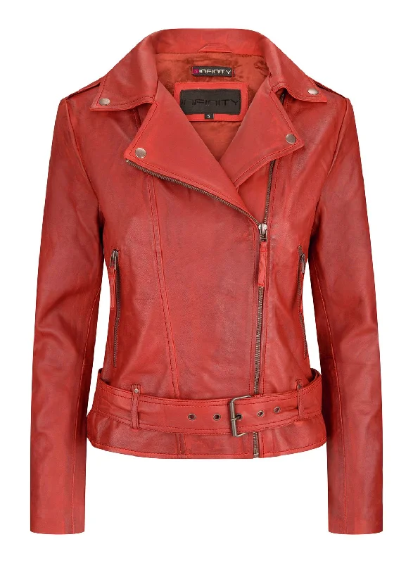 Red Real Leather Slim Fit Biker JacketCropped Jackets