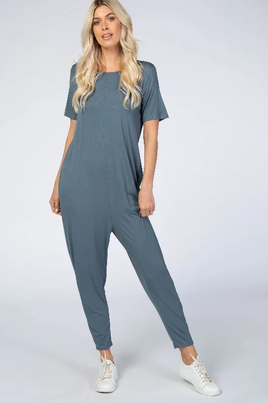 Plush Short Sleeve TopsDark Teal Basic Short Sleeve Jumpsuit