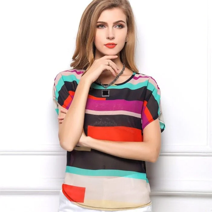 Blended Fabric Short Sleeve TopsRainbow Colored Bat wing Short Sleeve Chiffon Blouse