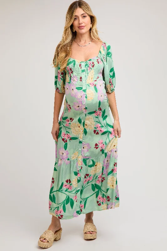 Light Green Floral Front Button Maternity Maxi DressBodycon Dress