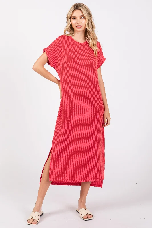 Urban Short Sleeve TopsRed Ribbed Short Sleeve Midi Dress