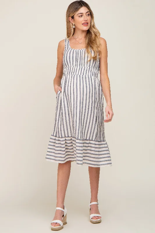 Blue Striped Sleeveless Ruffle Hem Maternity Midi DressThermal Dress