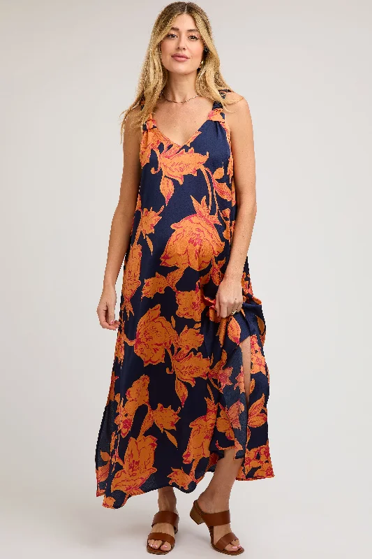 Navy Floral Ruched Strap V-Neck Maternity Midi DressVNeckTopApex