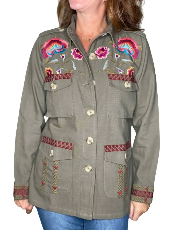 Embroidered Shirt Jacket In KhakiWork Jackets