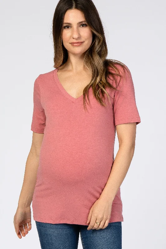 Rose Pink V-Neck Short Sleeve Basic Maternity TopVNeckTopVibe