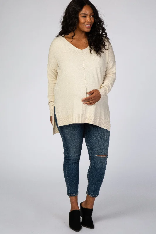 Cream Soft V-Neck Hi-Low Maternity Plus SweaterVNeckTopSapphire