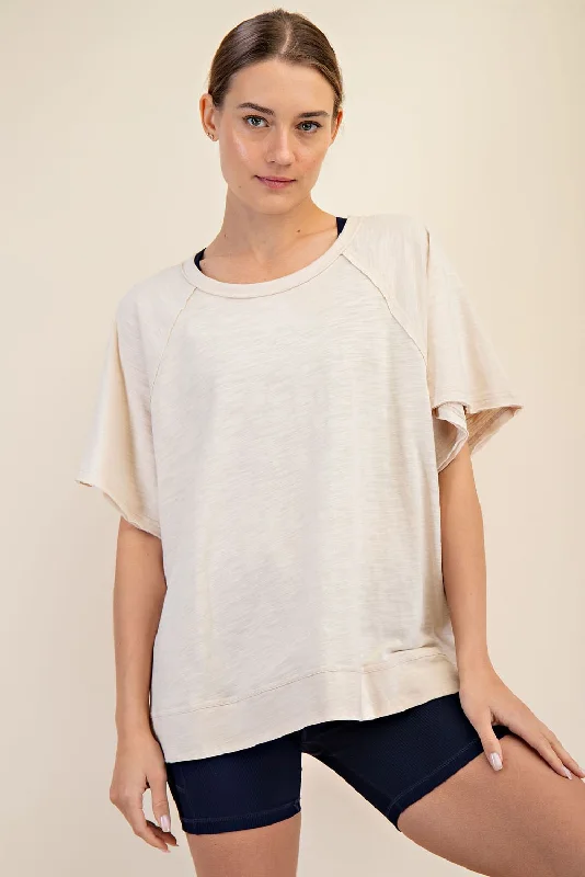 Branded Short Sleeve TopsBeige Oversized Raw Hem Short Sleeve Tee