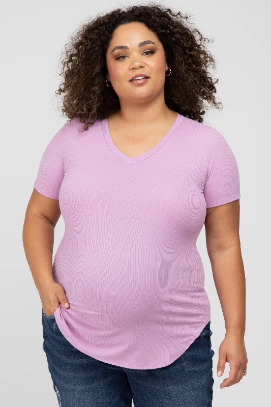 Lavender Ribbed V-Neck Short Sleeve Plus Maternity TopVNeckTopBronze