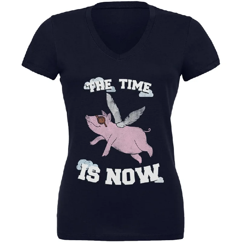 When Pigs Fly The Time Is Now Navy Juniors V-Neck T-ShirtVNeckTopPlus