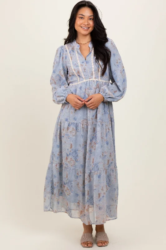 Light Blue Floral Lace Trim Maxi DressCap-sleeve Dress