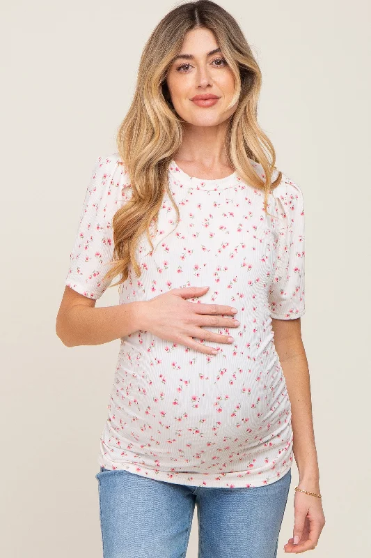 Relaxed Fit Short Sleeve TopsIvory Floral Side Ruched Maternity Short Sleeve Top