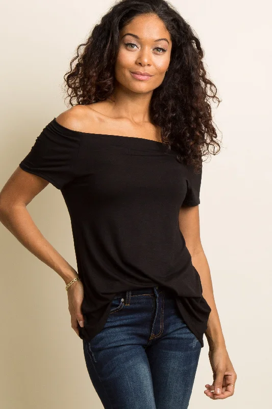 Embroidered Short Sleeve TopsBlack Off Shoulder Short Sleeve Top