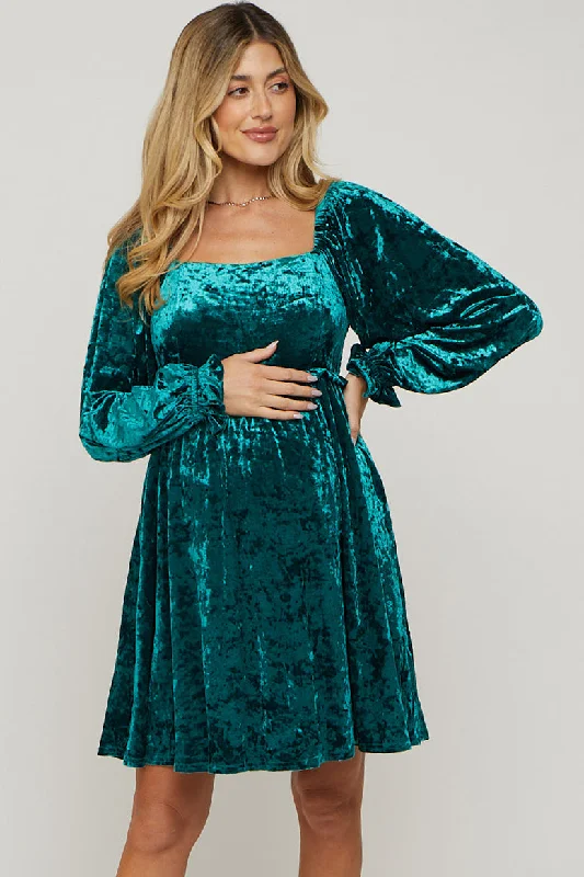 Green Teal Velour Square Neck Maternity DressOne-shoulder Dress