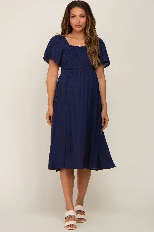 College Short Sleeve TopsNavy Blue Smocked Square Neck Flutter Short Sleeve Maternity Midi Dress