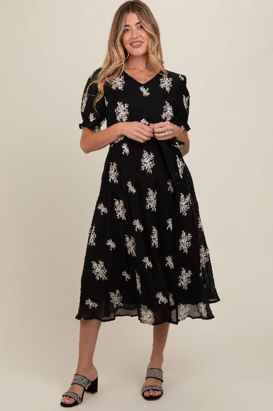 Black Embroidered Sash Tie Maternity Midi DressDance Dress