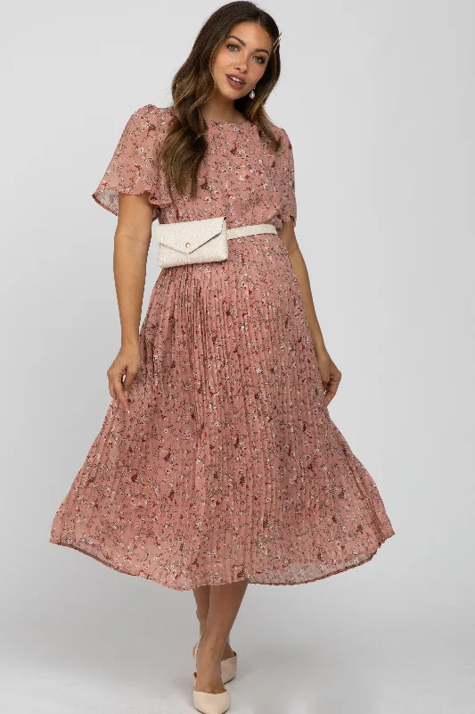 Plush Short Sleeve TopsLight Pink Floral Pleated Short Sleeve Chiffon Maternity Midi Dress