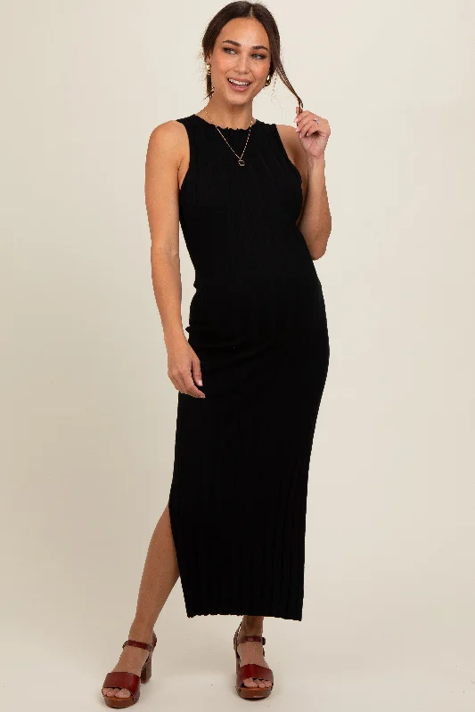 Black Sleeveless Knit Side Slit Maternity Midi DressFit-and-Flare Dress