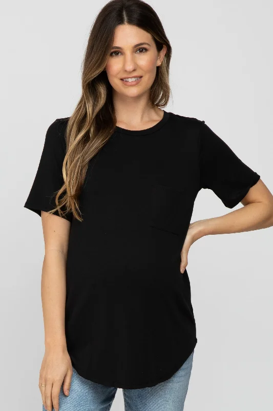 Black Crew Neck Front Pocket Short Sleeve Maternity TopCrewneckcloud