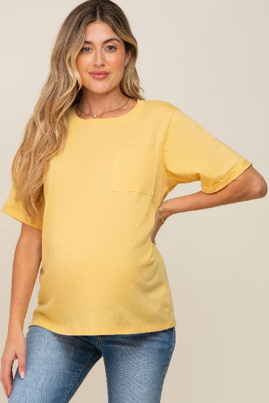 Urban Short Sleeve TopsYellow Oversized Pocket Front Short Sleeve Maternity Top