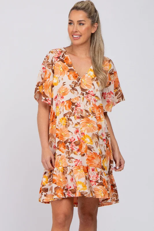 Beige Floral V-Neck Ruffle Hem Maternity DressVNeckTopHive