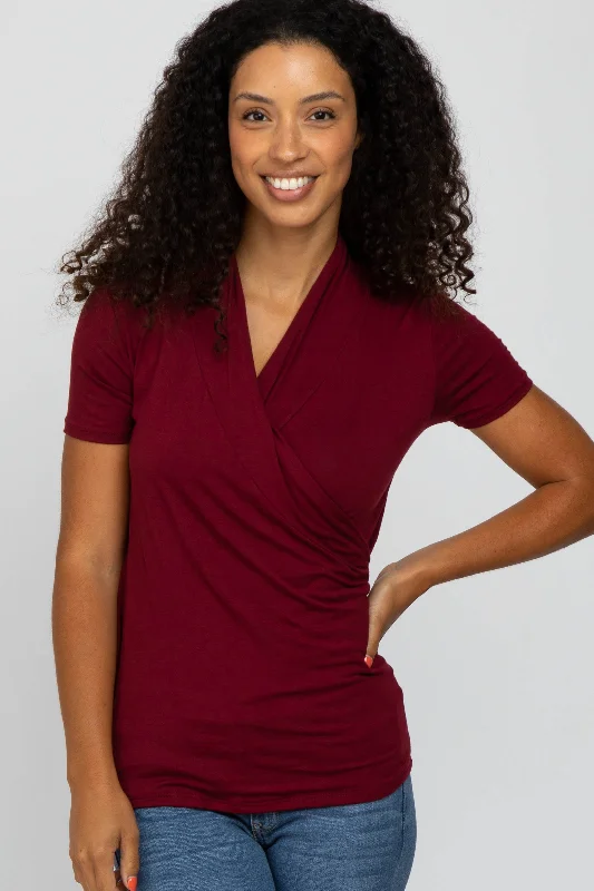 Metallic Short Sleeve TopsBurgundy Solid Short Sleeve Wrap Front Nursing Top