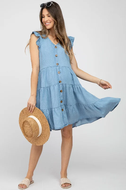 Light Blue Chambray Tiered Button Accent Maternity DressCocktail Dress