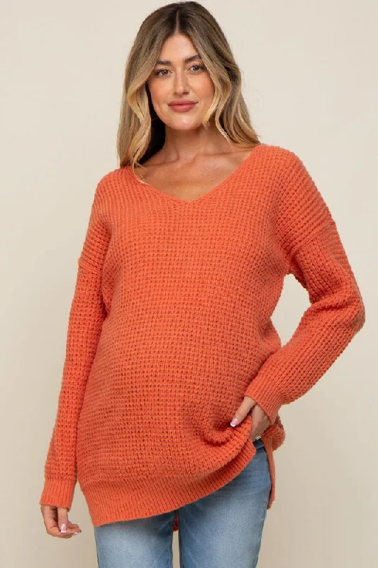 Orange Chunky Knit V-Neck Side Slit Long Maternity SweaterVNeckTopRidge