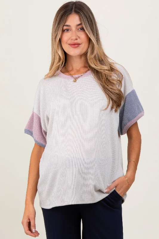 Scoop Neck Short Sleeve TopsCream Solid Ribbed Color Block Short Sleeve Maternity Tunic Top