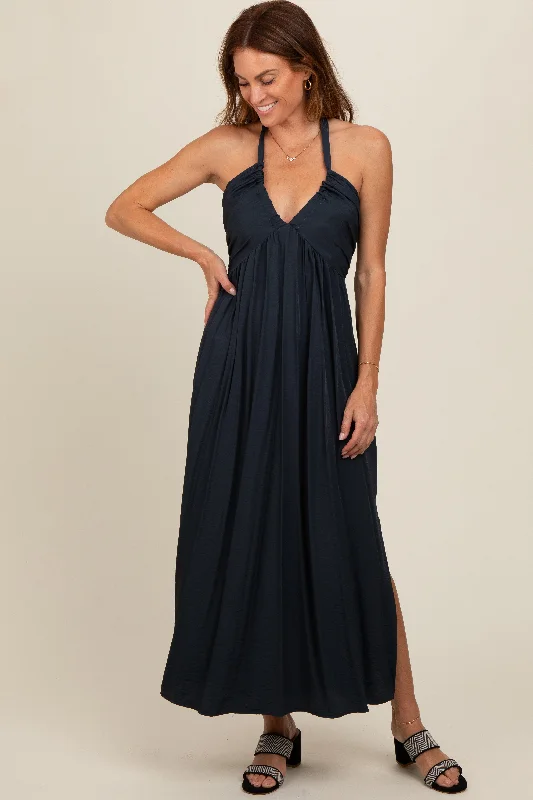 Charcoal Halter Deep V-Neck Maxi DressVNeckTopInfinity