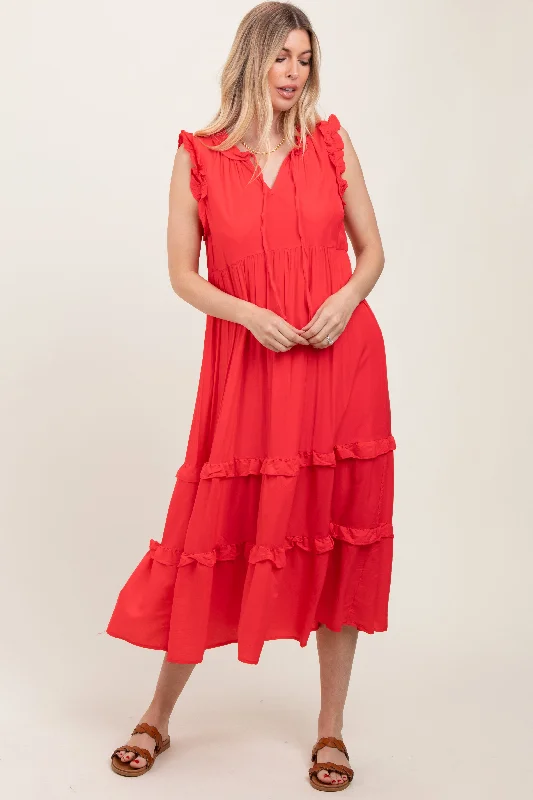 Red Ruffle Accent Tiered Front Tie Midi DressPlaid Dress