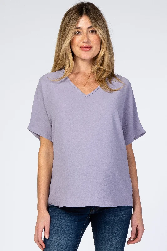 V-Neck Short Sleeve TopsLavender Short Sleeve Maternity Blouse